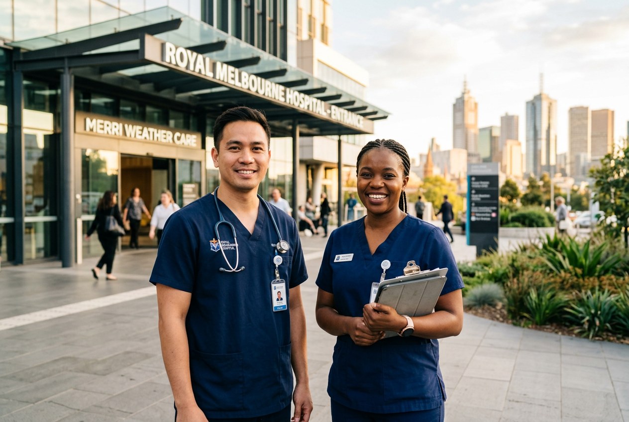 Two healthcare workers stand outside Royal Melbourne Hospital, prepared for nursing roles in Australia.