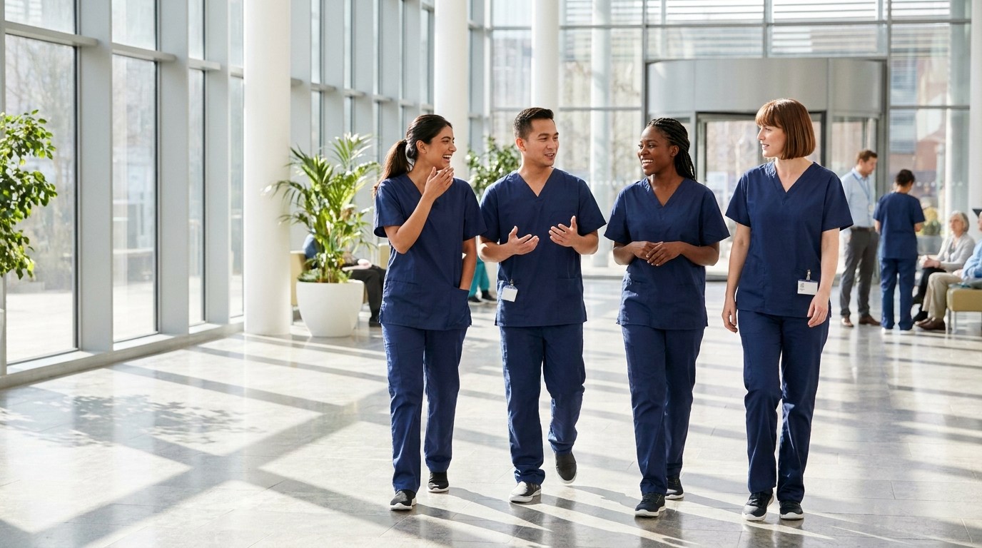 A multicultural team of nurses collaborate in a modern Australian hospital, supporting nursing migration.