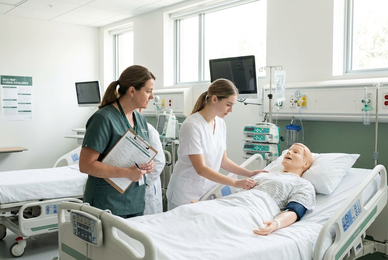 OSCE Simulation Training | aha-healthcare-australia Nursing students practice patient care skills during OSCE simulation training, supporting nursing migration in Australia.